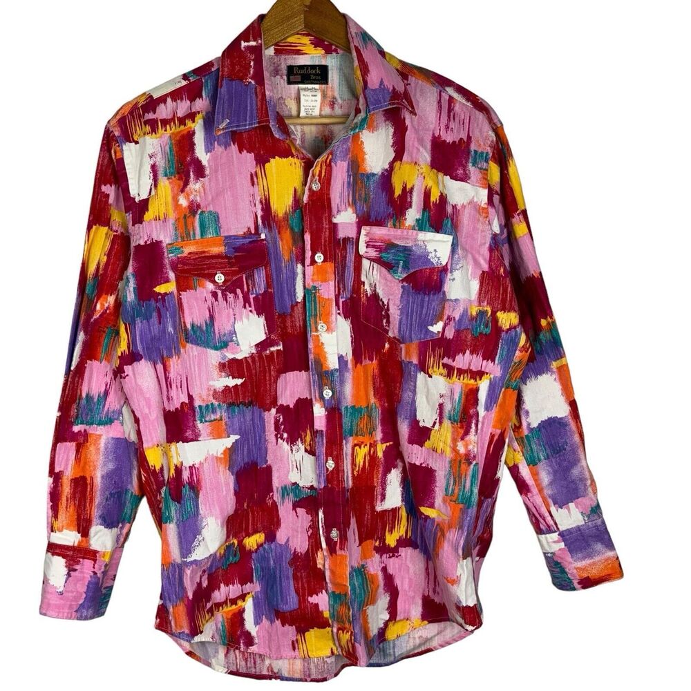 Vtg Ruddock Bros Multicolor Watercolor Patch Long Sleeve Button Shirt 16 / 33